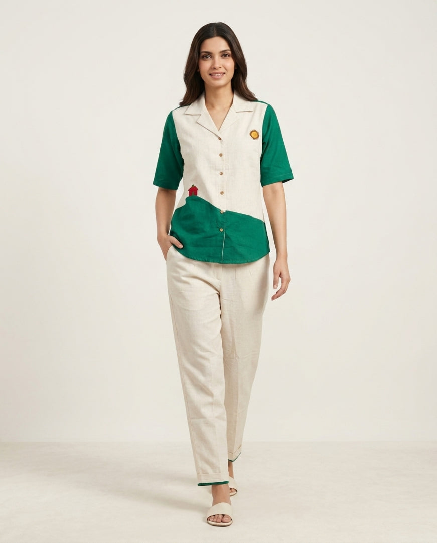Off White & Green Handloom Cotton Co-ord Set