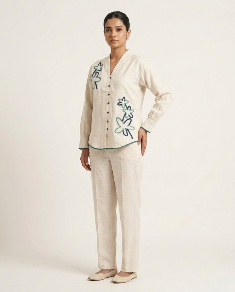 Off White Blue & Green Flower Handloom Cotton Co-ord Set