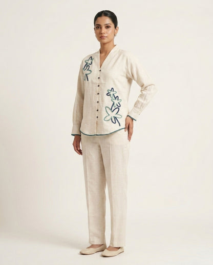 Off White Blue & Green Flower Handloom Cotton Co-ord Set