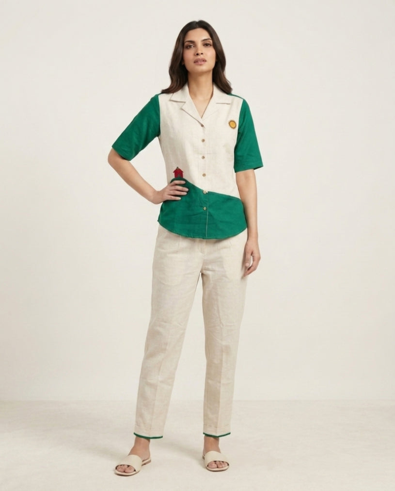 Off White & Green Handloom Cotton Co-ord Set