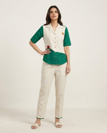 Off White & Green Handloom Cotton Co-ord Set