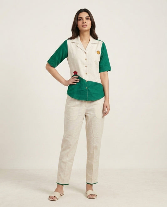 Off White & Green Handloom Cotton Co-ord Set