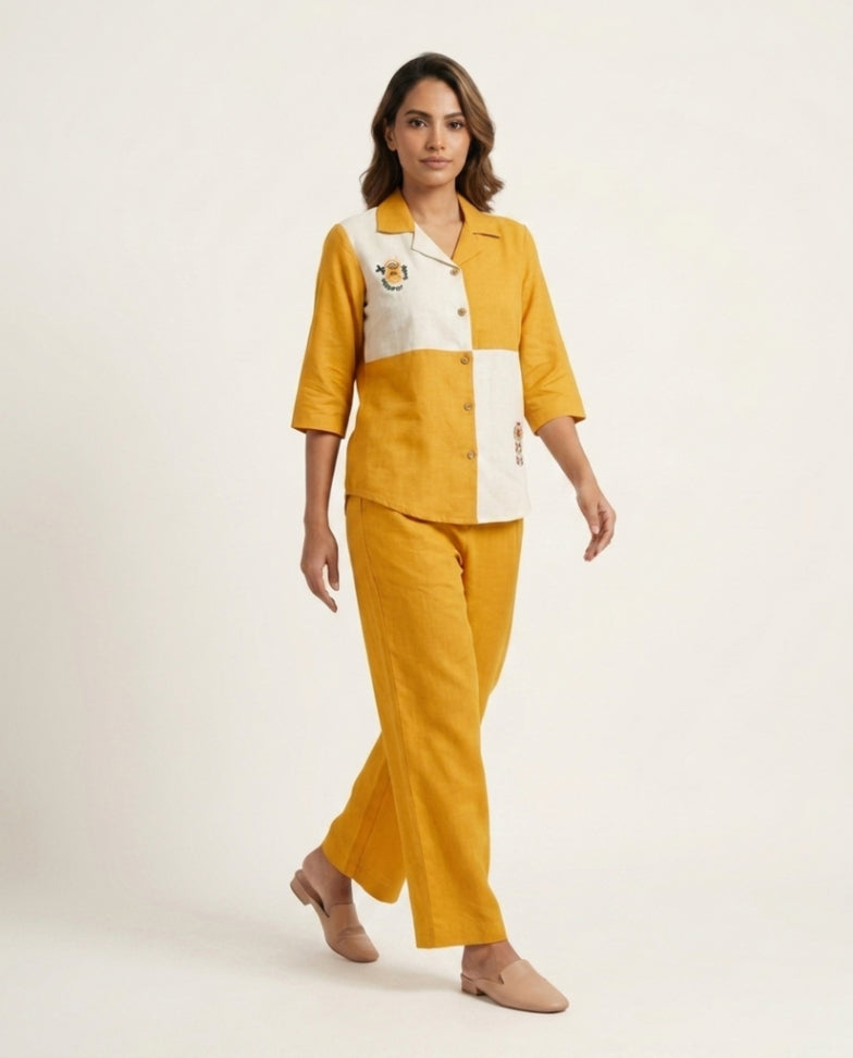 Off white & Yellow Handloom Cotton Co-ord Set