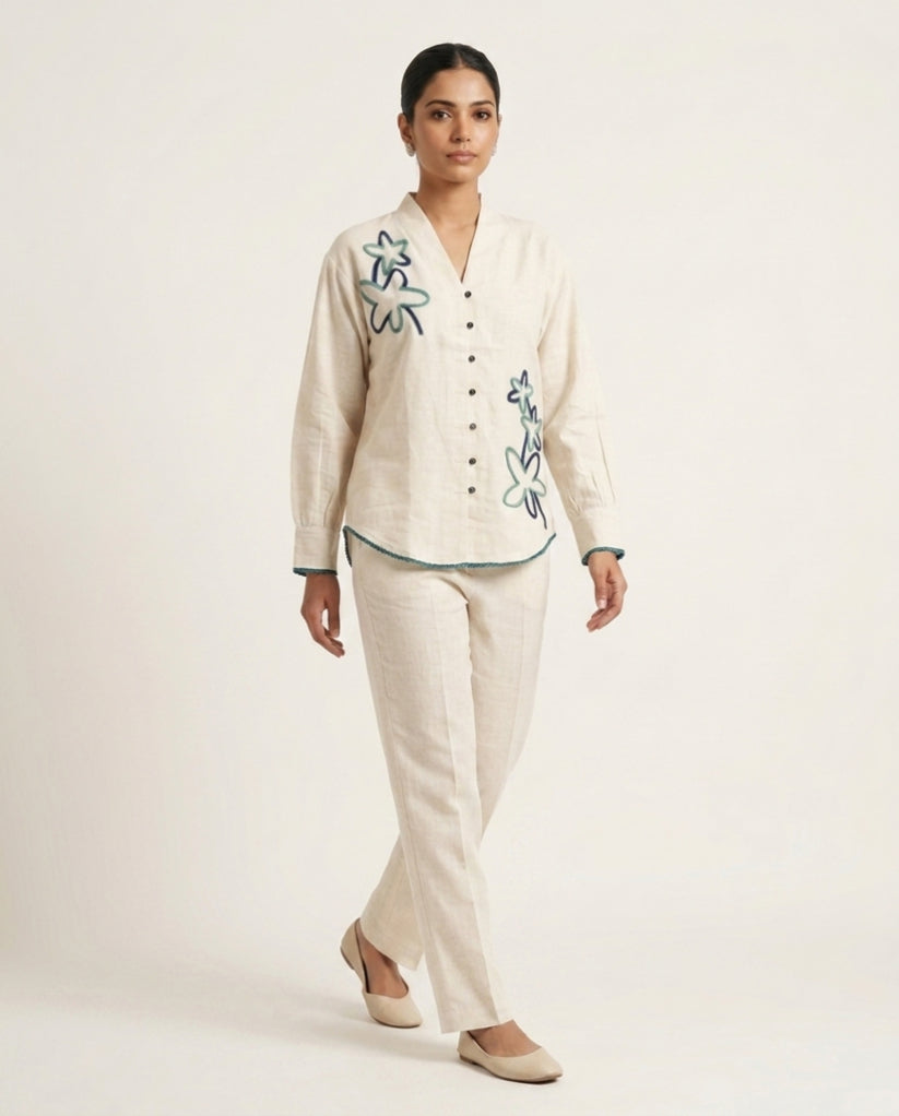 Off White Blue & Green Flower Handloom Cotton Co-ord Set