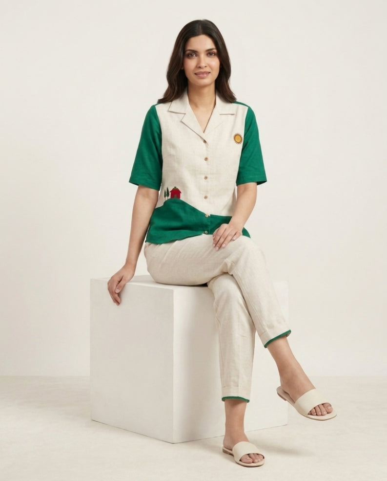 Off White & Green Handloom Cotton Co-ord Set