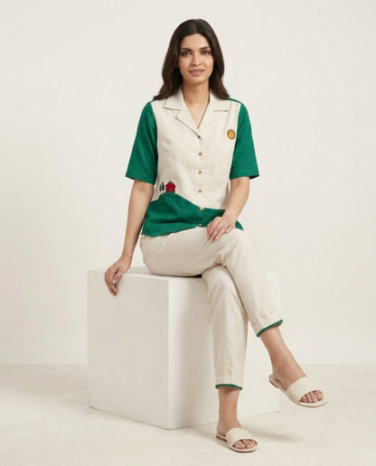 Off White & Green Handloom Cotton Co-ord Set