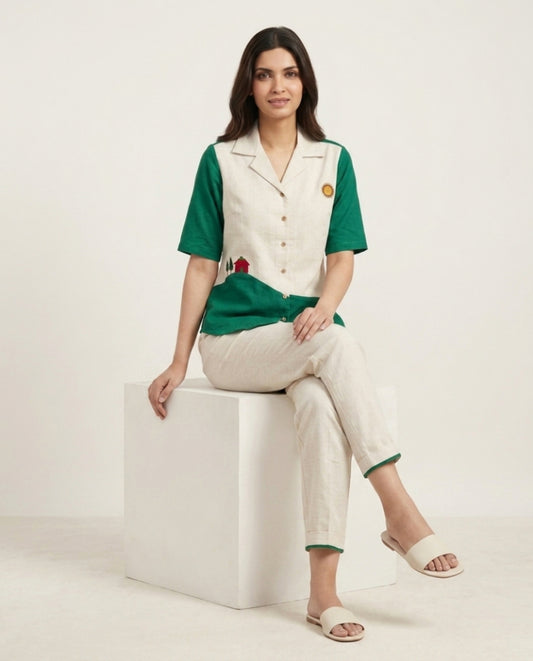 Off White & Green Handloom Cotton Co-ord Set