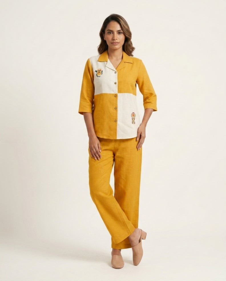 Off white & Yellow Handloom Cotton Co-ord Set