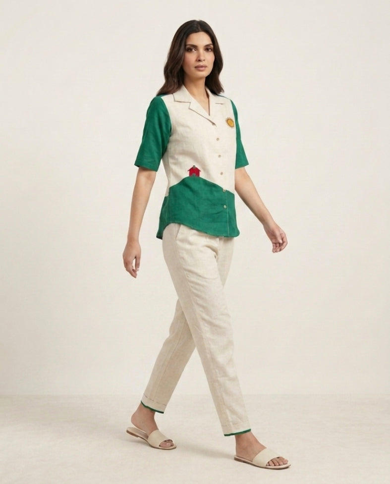 Off White & Green Handloom Cotton Co-ord Set