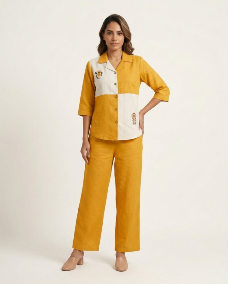 Off white & Yellow Handloom Cotton Co-ord Set