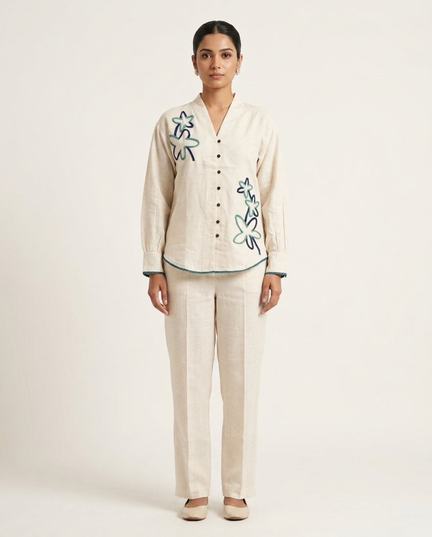 Off White Blue & Green Flower Handloom Cotton Co-ord Set