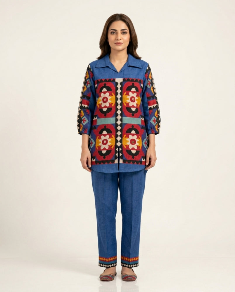 Blue Mirror Work Linen Co-Ord Set