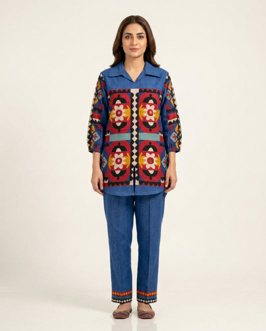 Blue Mirror Work Linen Co-Ord Set