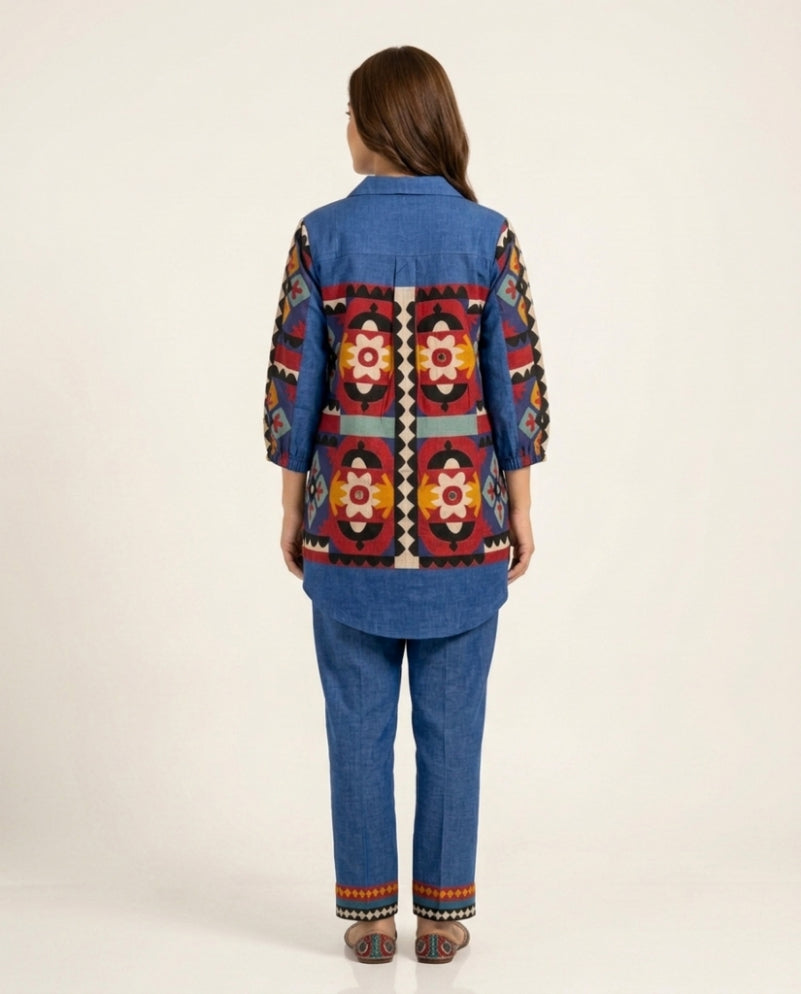 Blue Mirror Work Linen Co-Ord Set