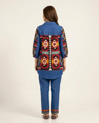 Blue Mirror Work Linen Co-Ord Set