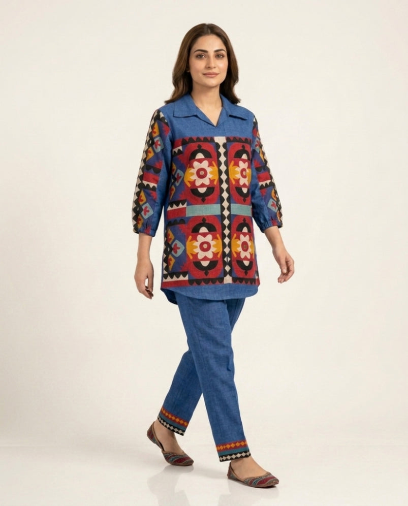 Blue Mirror Work Linen Co-Ord Set