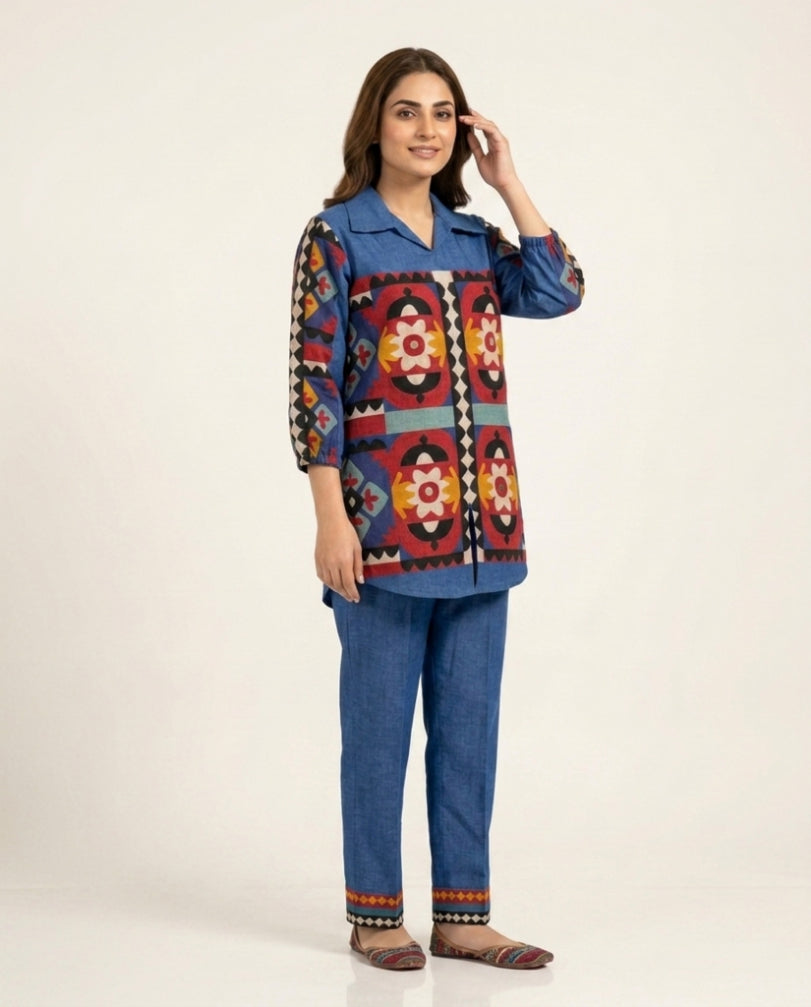 Blue Mirror Work Linen Co-Ord Set