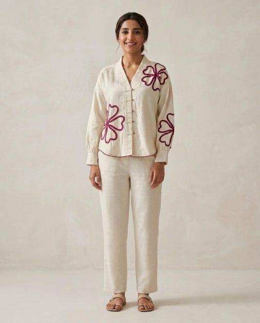 Off White Red Flower Handloom Cotton Co-ord Set