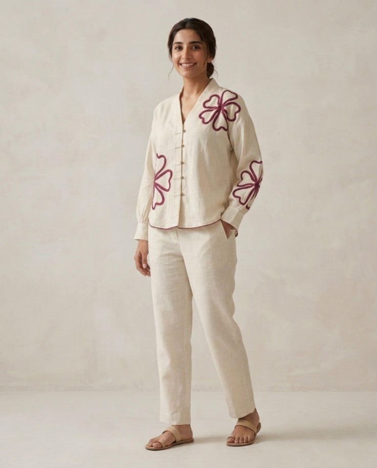 Off White Red Flower Handloom Cotton Co-ord Set