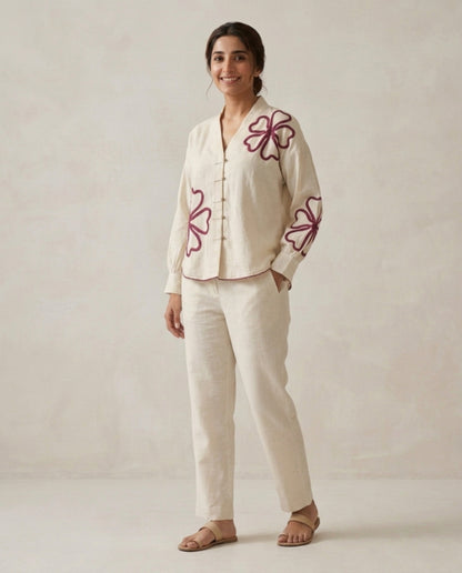 Off White Red Flower Handloom Cotton Co-ord Set