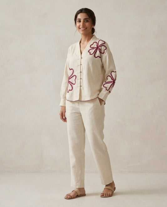 Off White Red Flower Handloom Cotton Co-ord Set