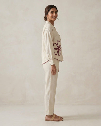 Off White Red Flower Handloom Cotton Co-ord Set