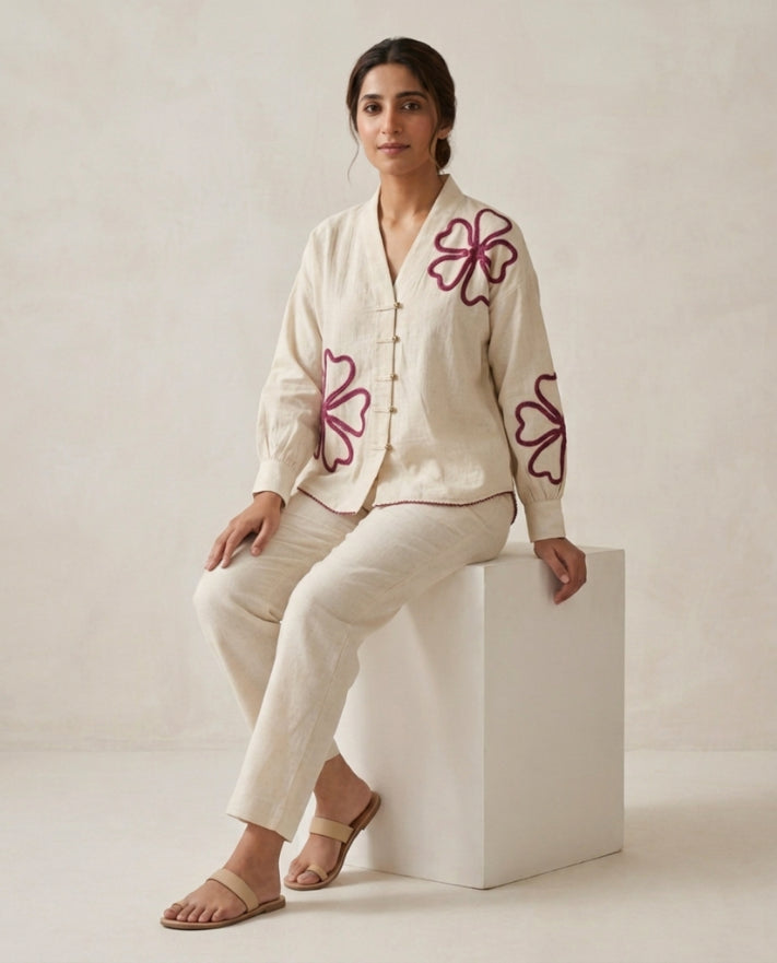 Off White Red Flower Handloom Cotton Co-ord Set