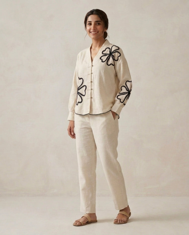 Off White Black Flower Handloom Cotton Co-ord Set