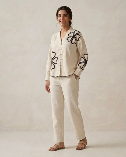 Off White Black Flower Handloom Cotton Co-ord Set