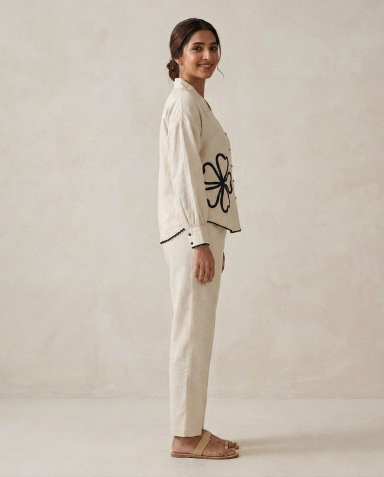 Off White Black Flower Handloom Cotton Co-ord Set