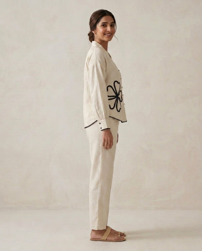 Off White Black Flower Handloom Cotton Co-ord Set