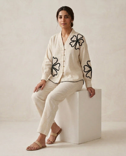 Off White Black Flower Handloom Cotton Co-ord Set