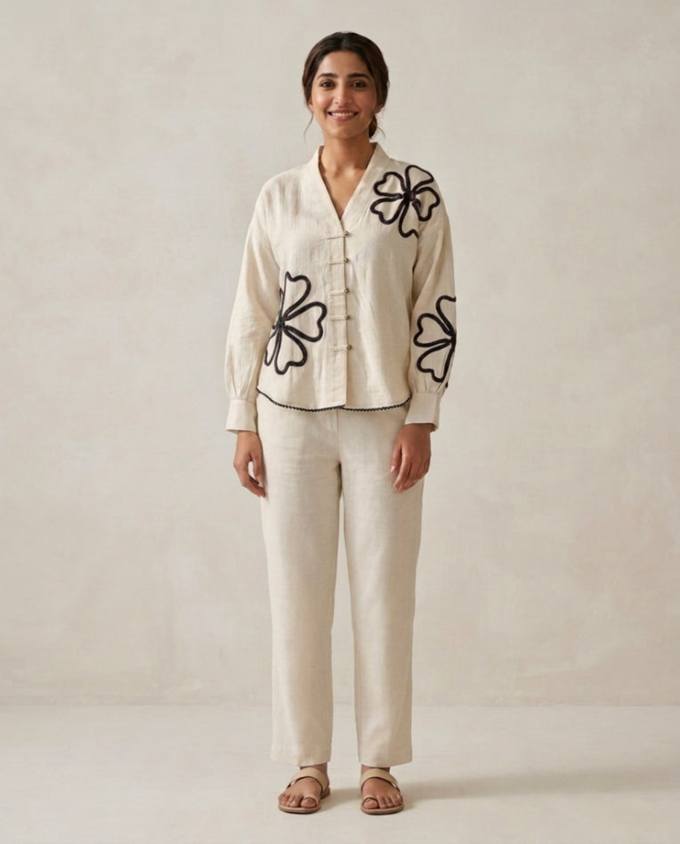 Off White Black Flower Handloom Cotton Co-ord Set