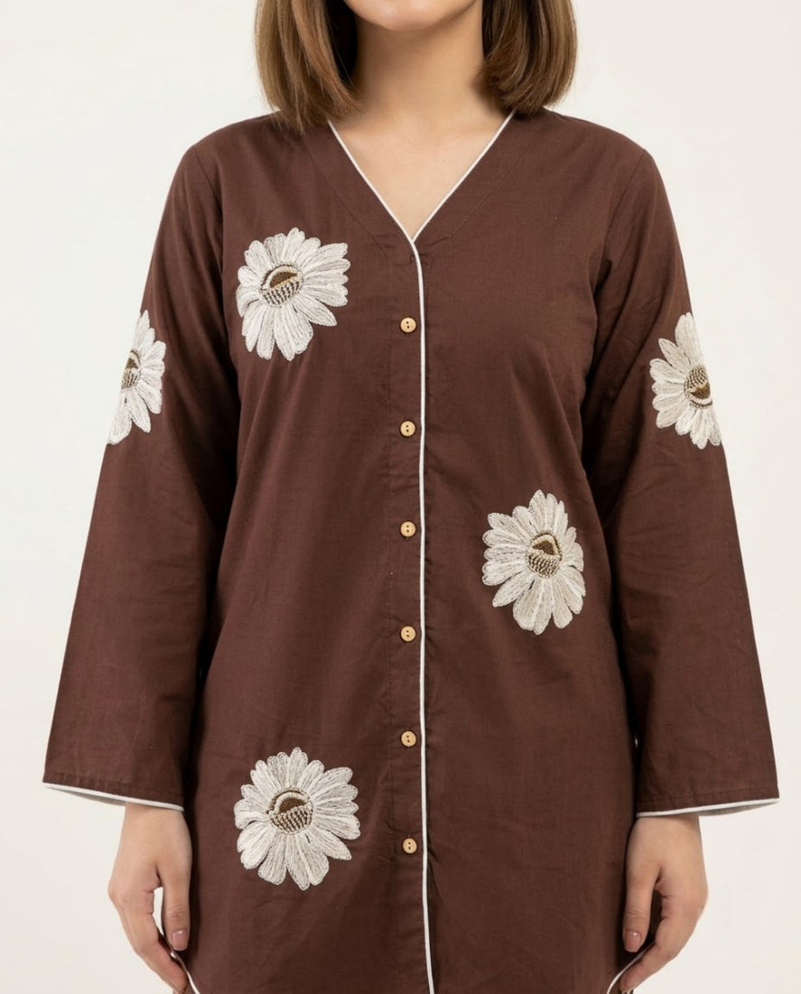 Brown With White Flower Poplin Cotton Thread Work Co-ord Set