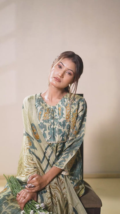 Dusty Green & Beige Crushed Tissue A-Line Trio Kurta Set