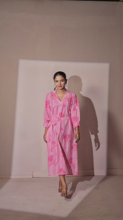Blush Pink Petal & Stripe Notched Collar Midi Dress With Waist Tie