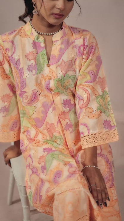 Peach Paisley Chikankari Embroidered Co-ord Set