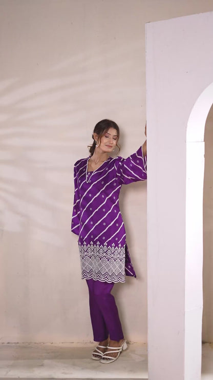 Orchid Purple Bandhani Fusion Russian Silk Co-ord Set