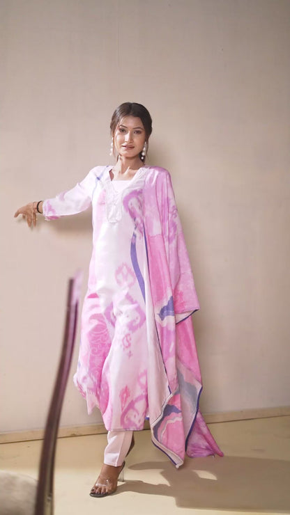 Mauve Pink Muslin Kurta Set with Pearl Border Details