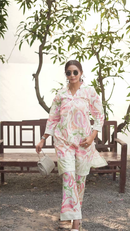 Mint Green Paisley chikankari Embroidered Coord Set