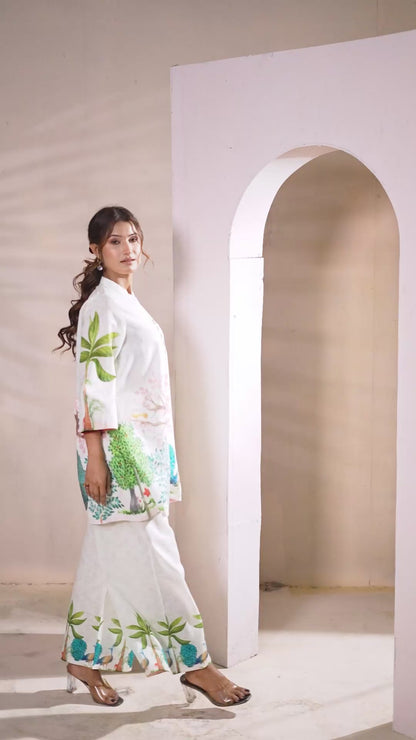 Natural Linen Hand-Painted Peacock Co-ord Set