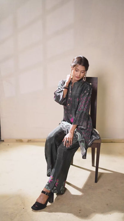 Charcoal Lotus Bloom Pure Crepe Co-ord Set