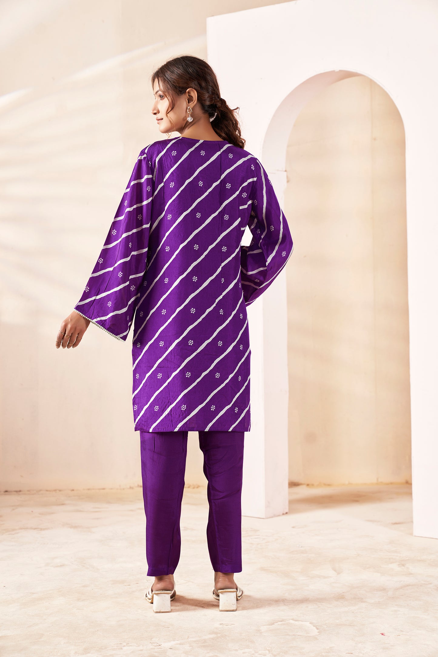 Orchid Purple Bandhani Fusion Russian Silk Co-ord Set