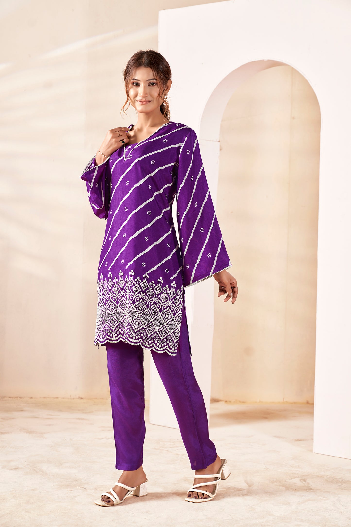 Orchid Purple Bandhani Fusion Russian Silk Co-ord Set