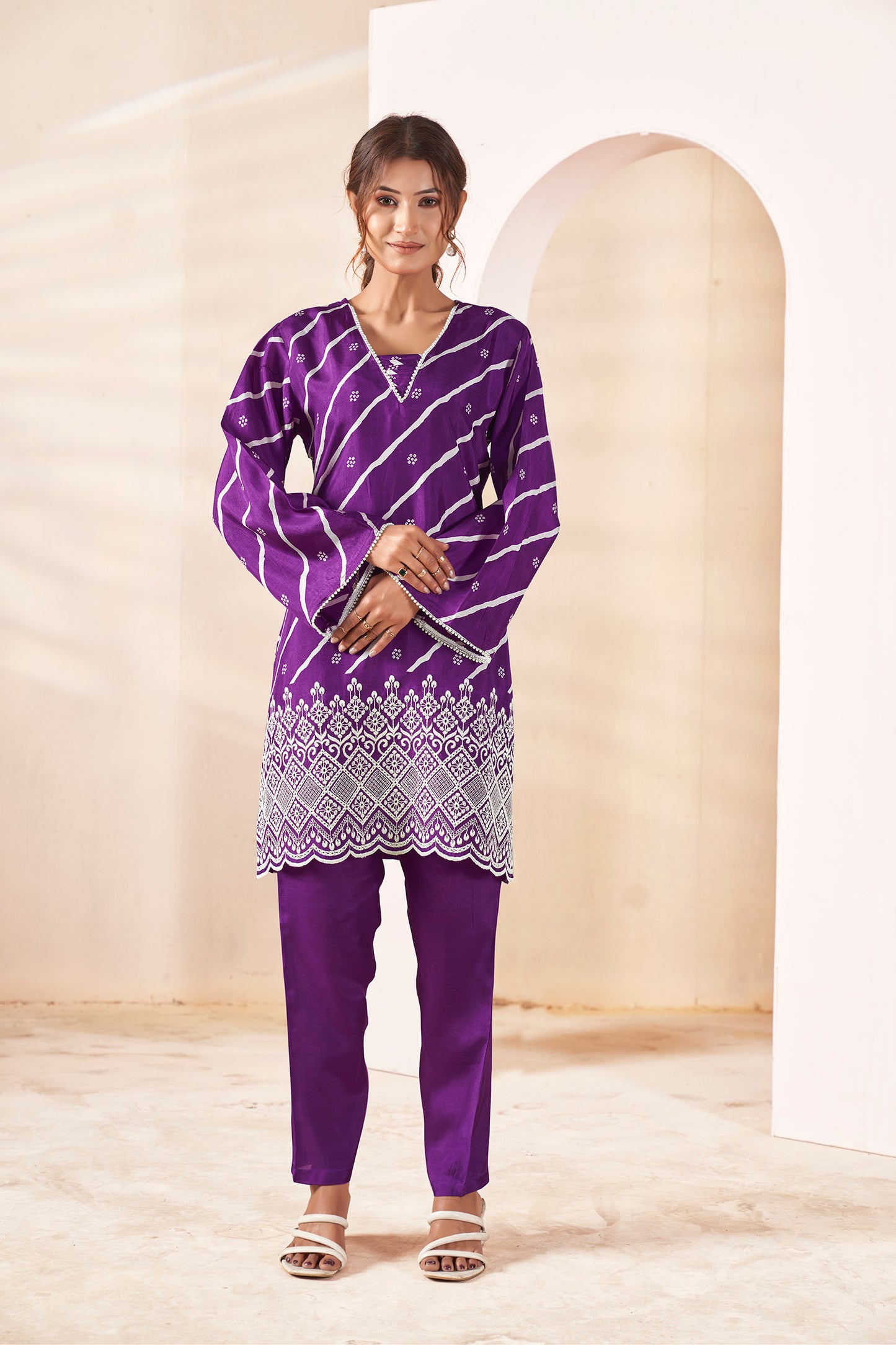 Orchid Purple Bandhani Fusion Russian Silk Co-ord Set