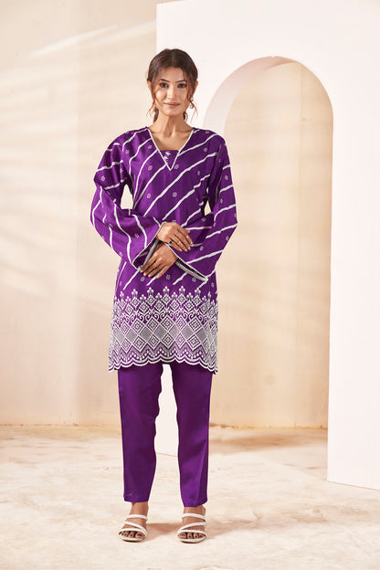 Orchid Purple Bandhani Fusion Russian Silk Co-ord Set
