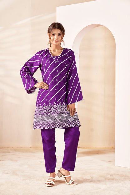Orchid Purple Bandhani Fusion Russian Silk Co-ord Set