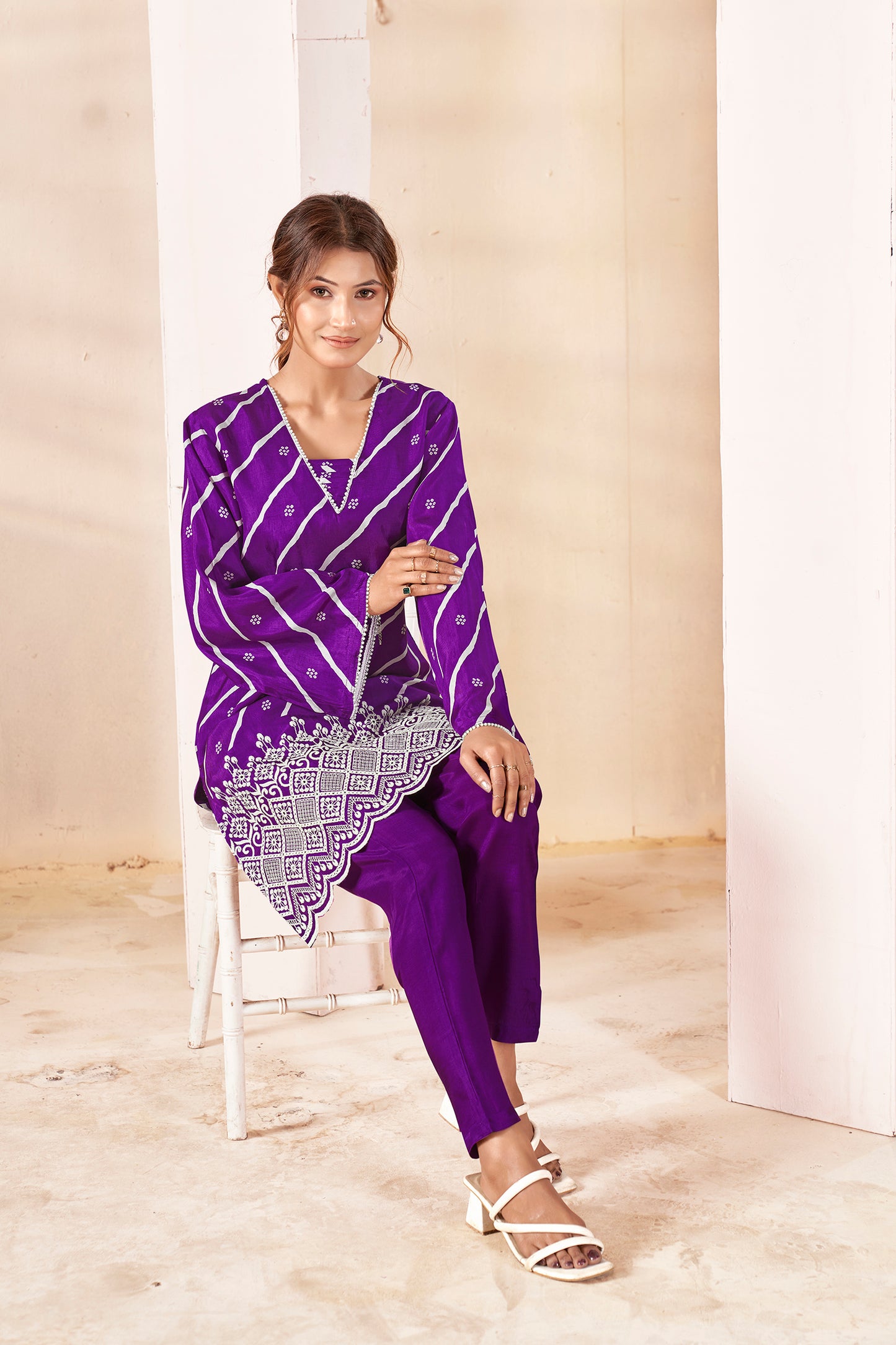 Orchid Purple Bandhani Fusion Russian Silk Co-ord Set