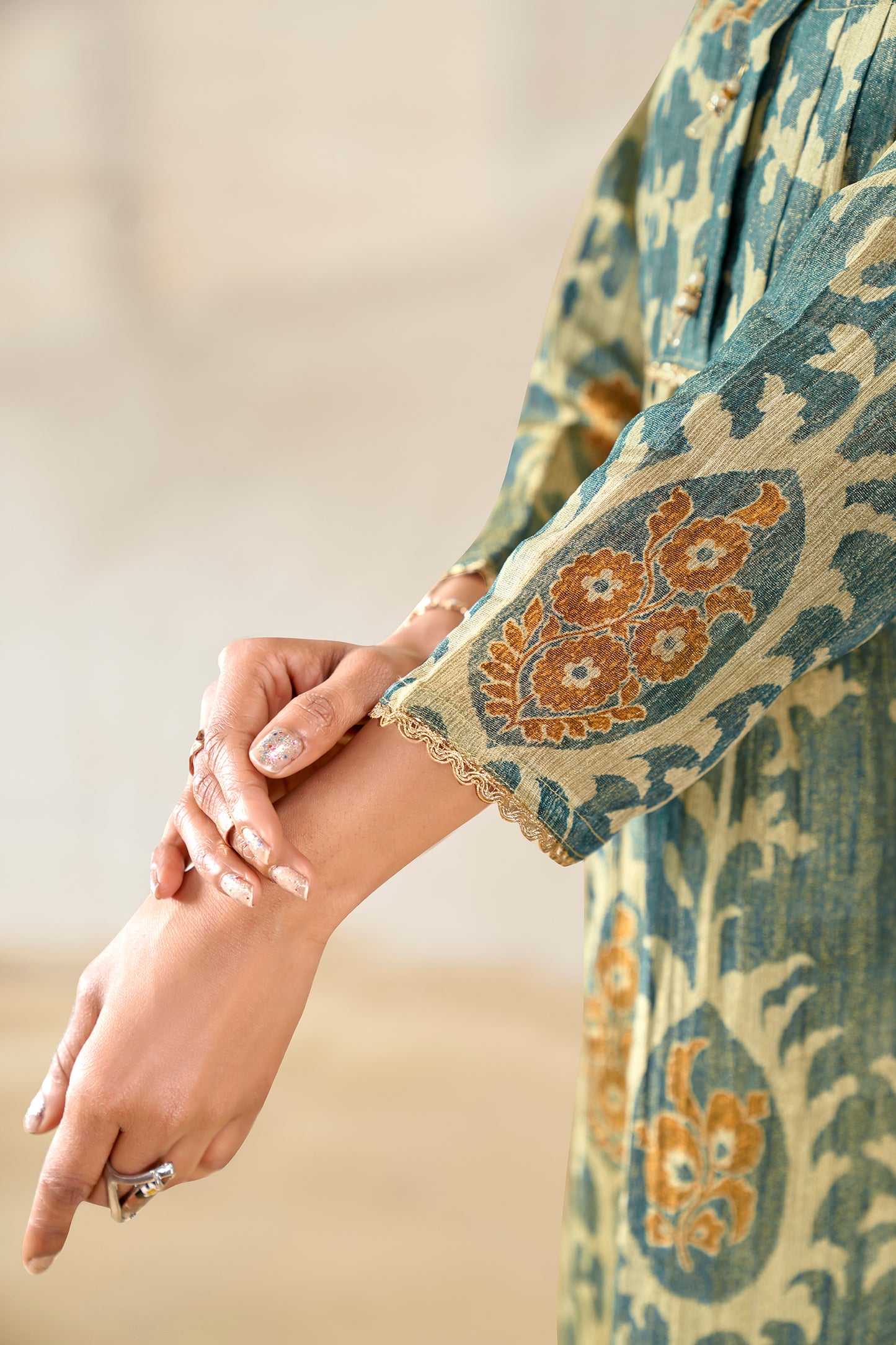 Dusty Green & Beige Crushed Tissue A-Line Trio Kurta Set
