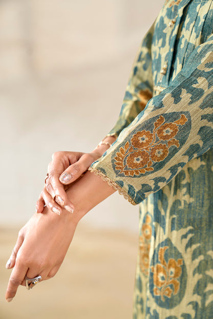 Dusty Green & Beige Crushed Tissue A-Line Trio Kurta Set
